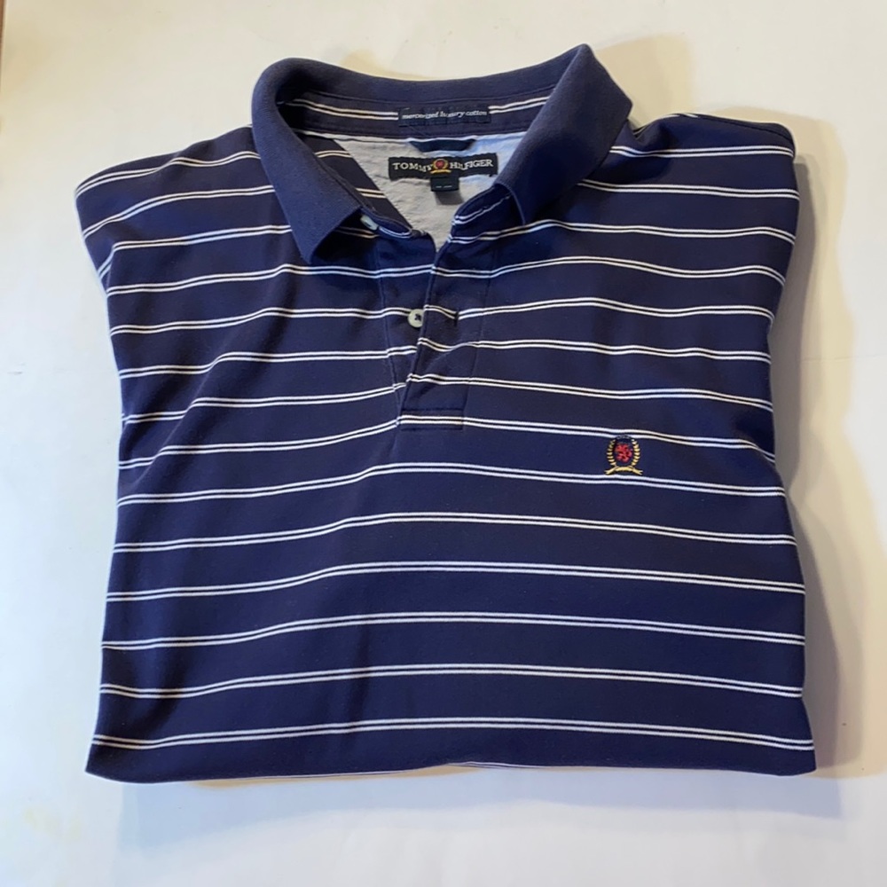 Tommy Hilfiger Polo Golf Shirt Crest Logo Men’s Striped Navy/White Pre-Owned XL